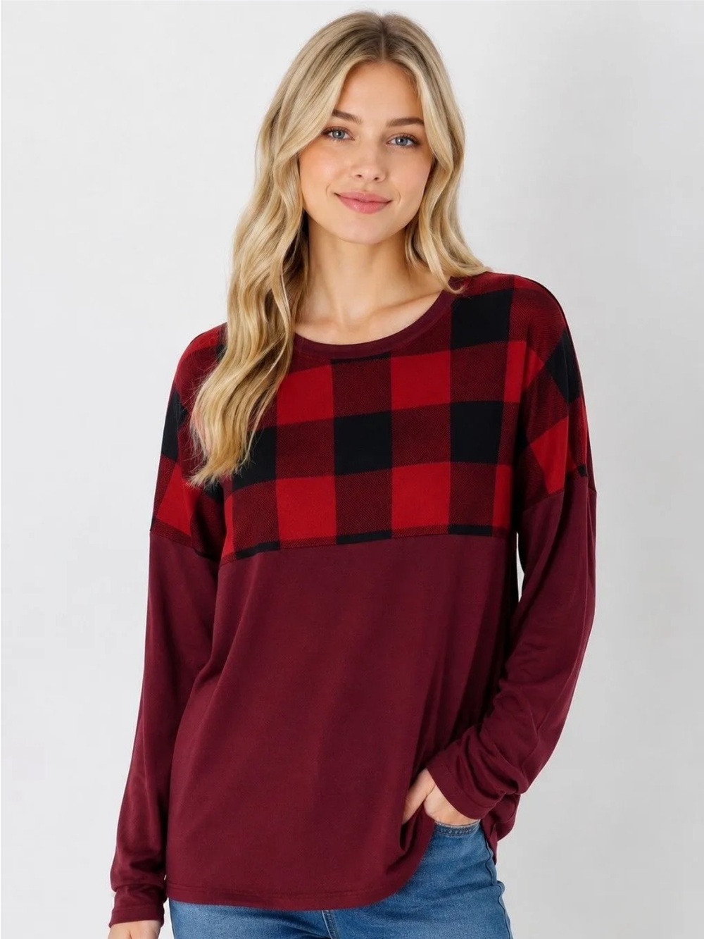 Zenana’s Buffalo Plaid Yoke Long-Sleeve Top - Burgundy/Black